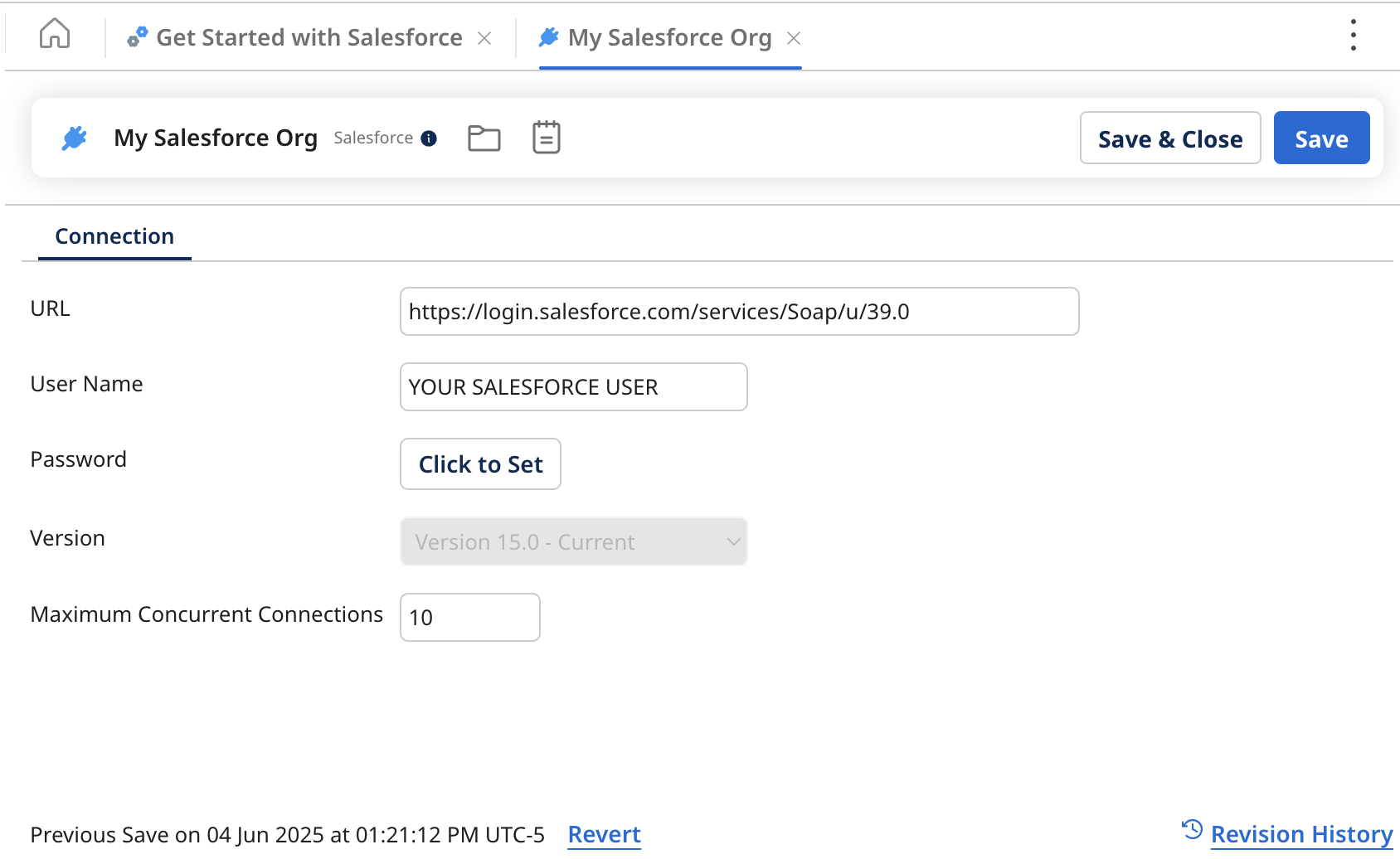 Example of a configured application connection.