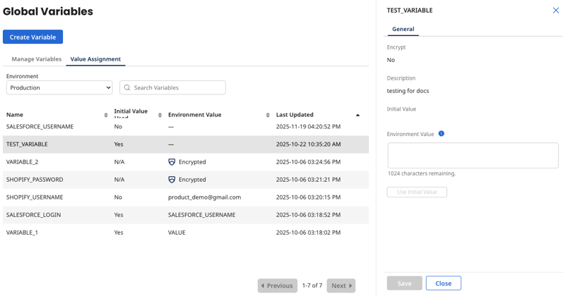 the value assignment tab, showing a variable selected and the information pane