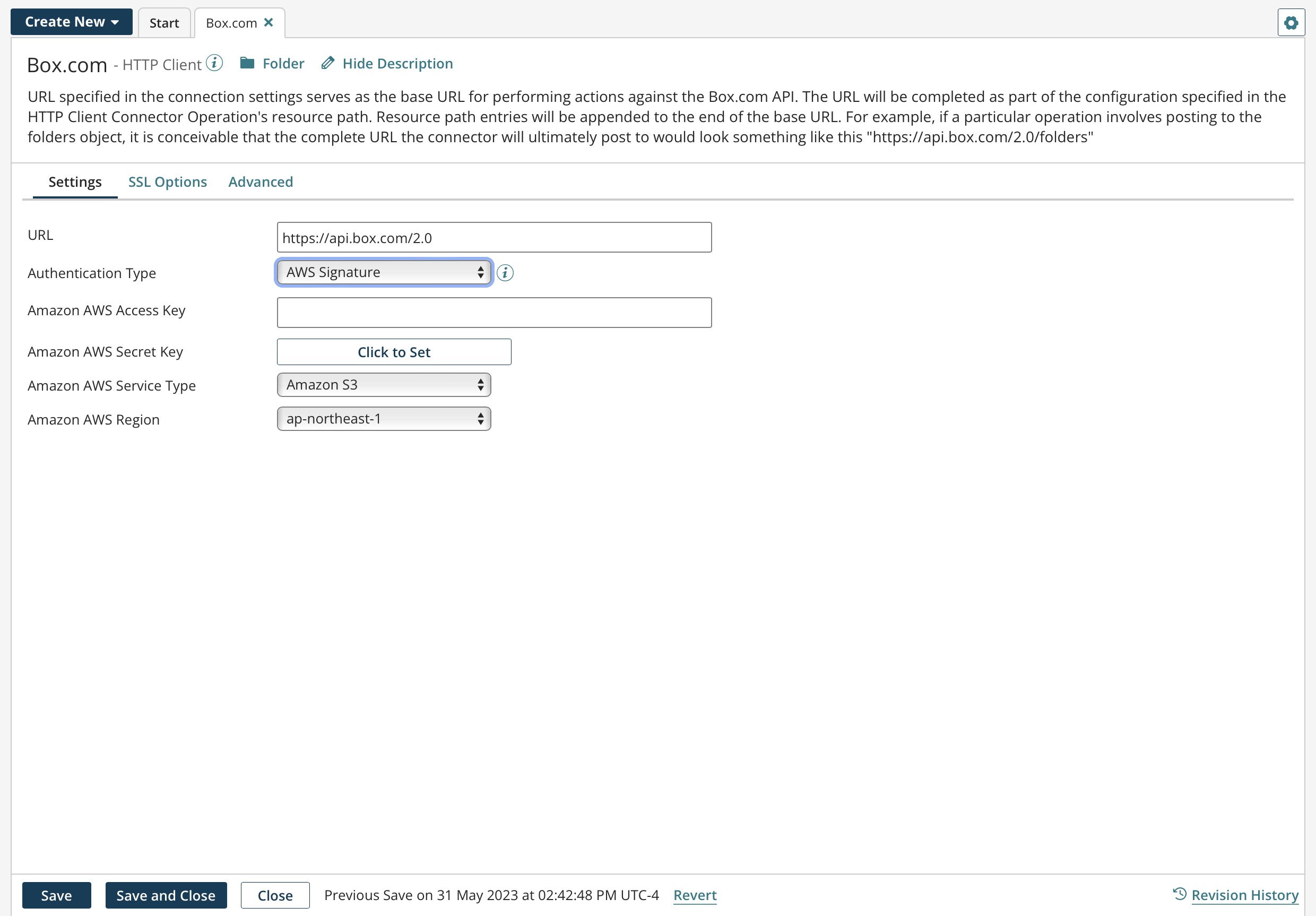 AWS Signature settings.