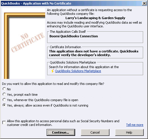 Authorization dialog in QuickBooks Desktop Edition.