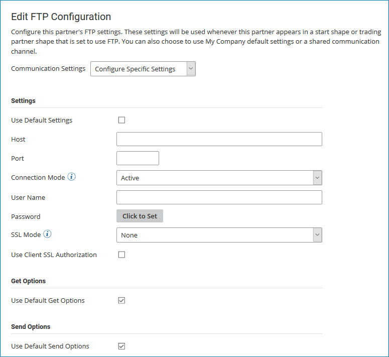 Trading Partner Communication tab, FTP configuration.