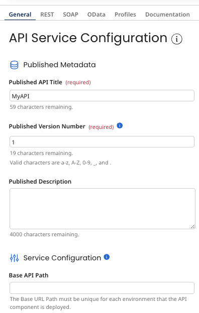API Service configuration panel.