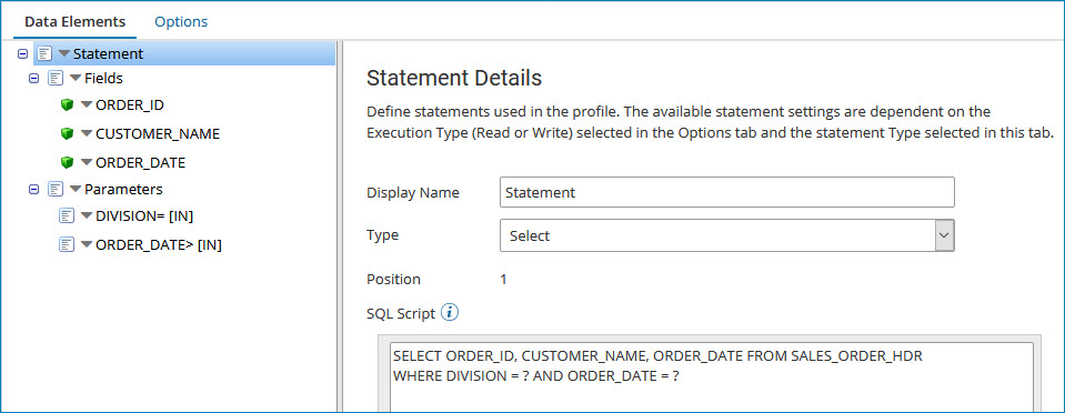 Database profile showing parameters defined for each of the two placeholders (question marks) in the query