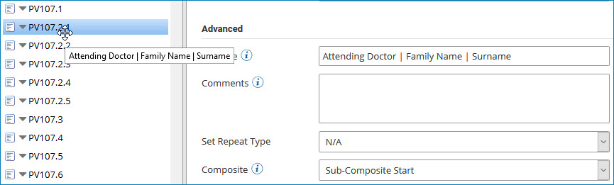 Composite PV107.2 has as its first sub-composite PV107.2.1, with Purpose set to Attending Doctor | Family Name | Surname and Composite set to Sub-Composite Start.