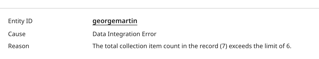 quarantine reason message in UI explaining collection item limit