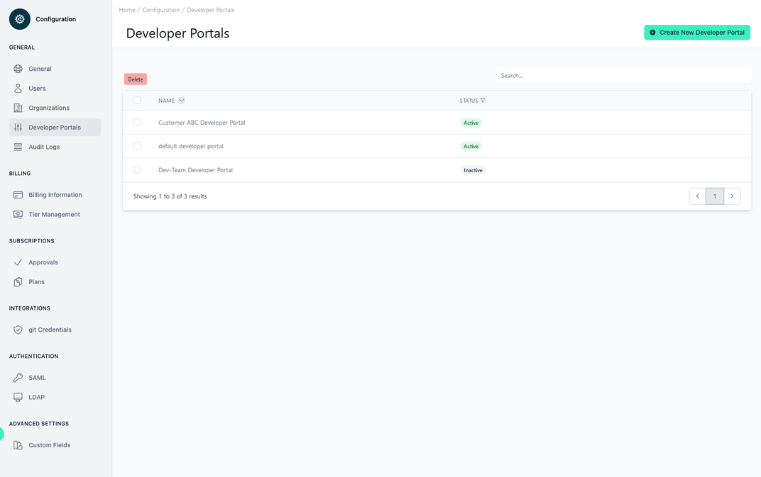 Administration Portal - List of all Developer Portals