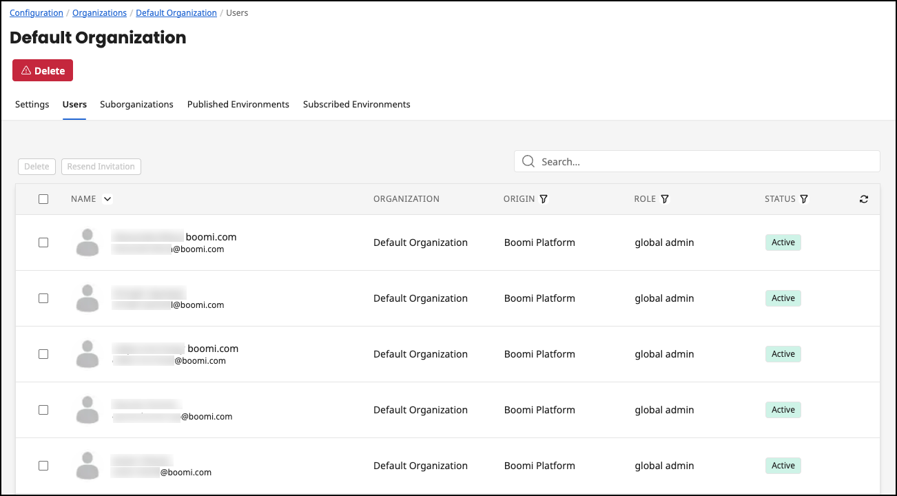 Administration Portal - Configuration - Organization Users