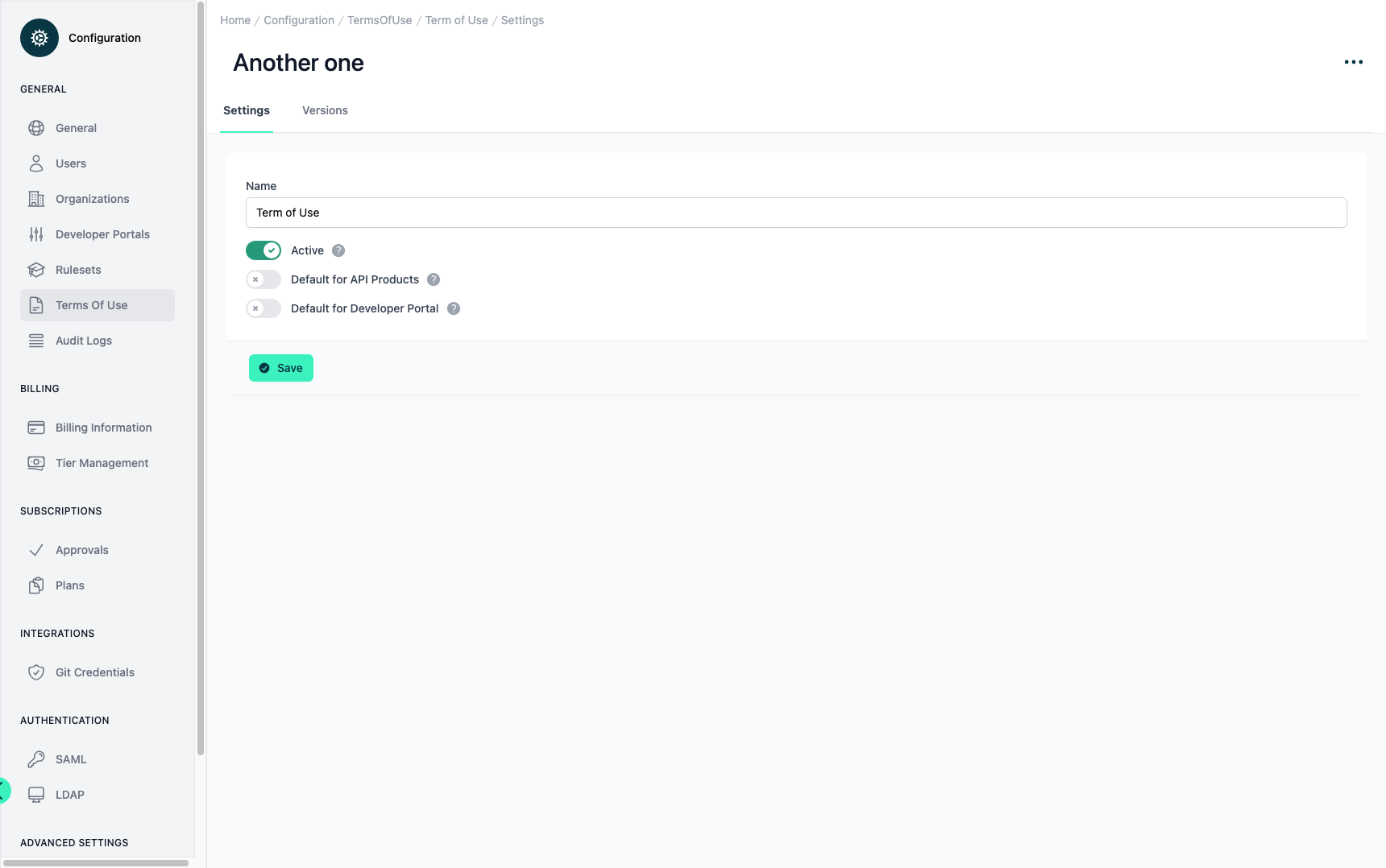 Administration Portal - Configuration - Terms of Use - Settings