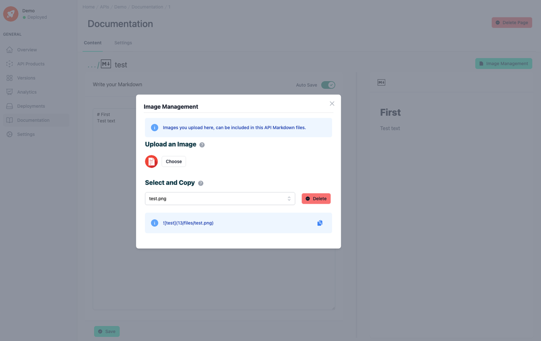 Administration Portal - APIs  Image Management in a Markdown Page