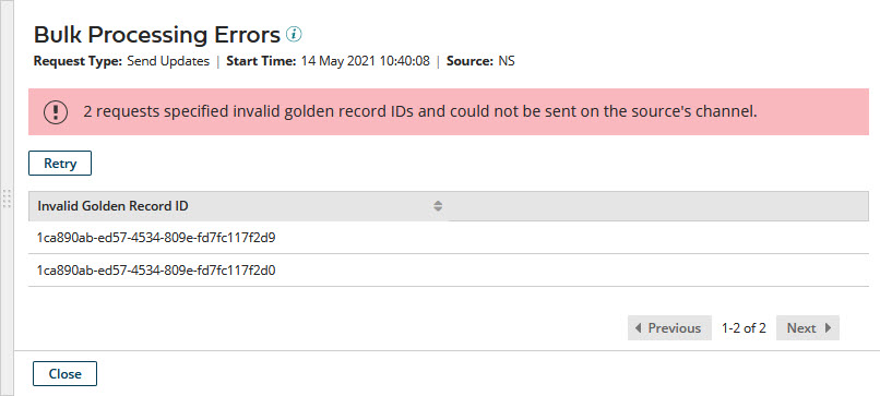 Viewing errors for a bulk processing request of type Send Updates in the Bulk Processing Errors detail view