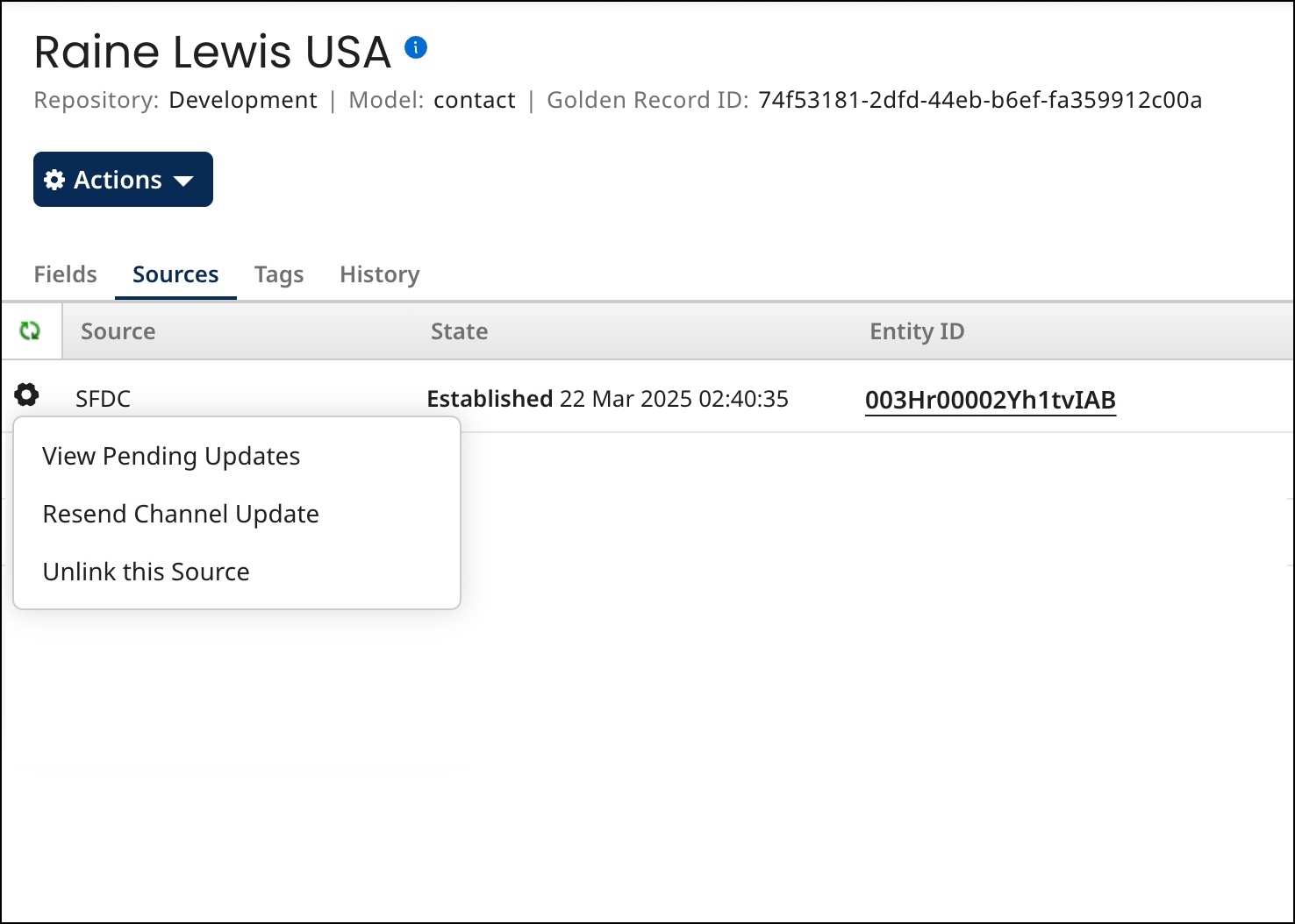 Gear icon for acting on pending update requests for a source