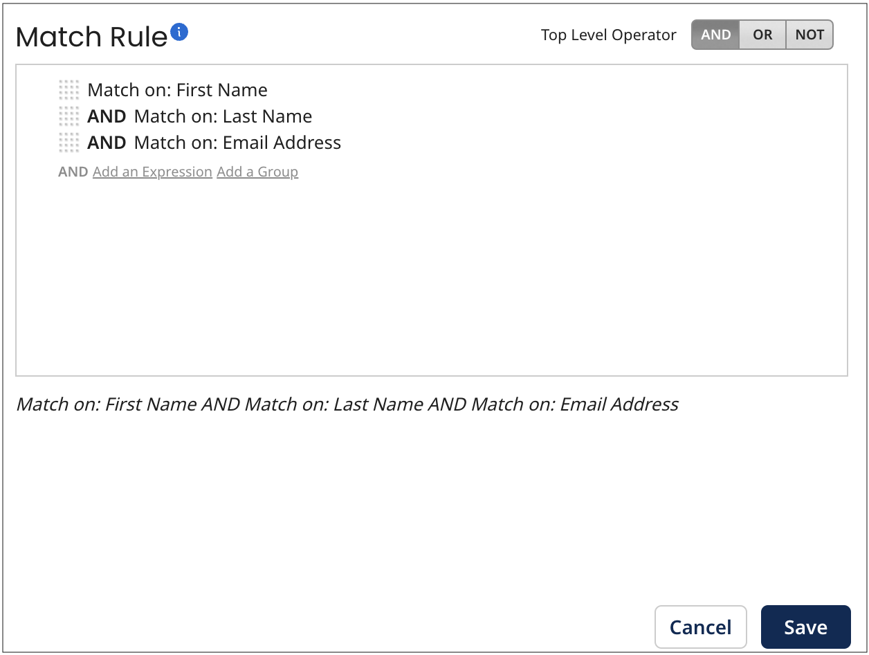This example of the Match Rules tab shows a match rule configured to match on the model’s First Name and Last Name fields.