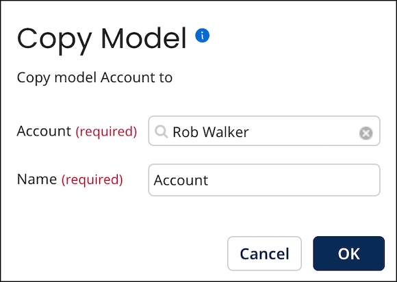 Using the Copy Model dialog to copy the model Account to the account jon