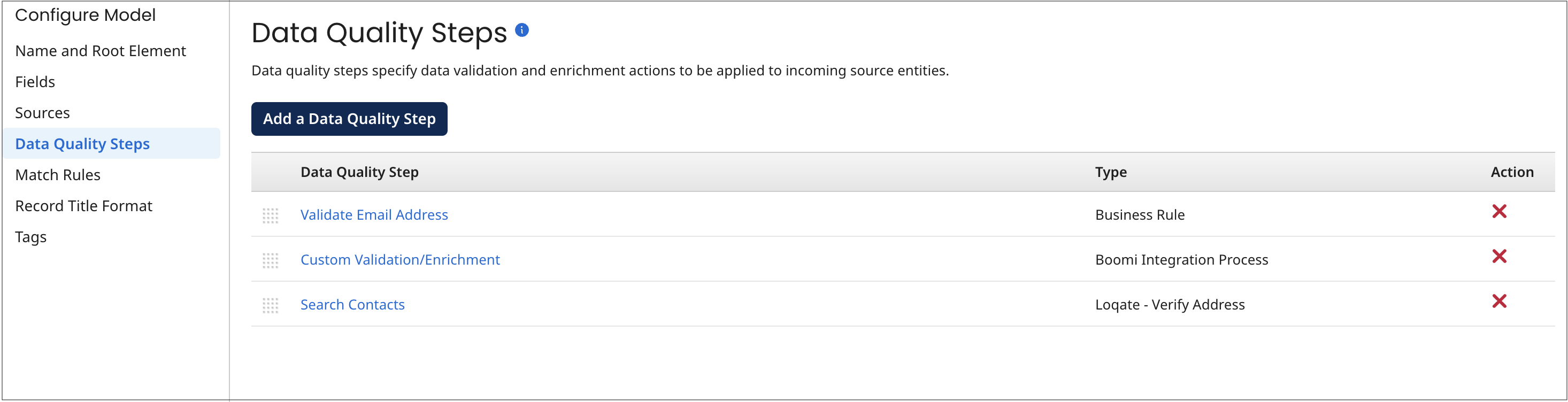 This example of the Data Quality Steps tab on a model page shows the model has three data quality steps, one of each type.