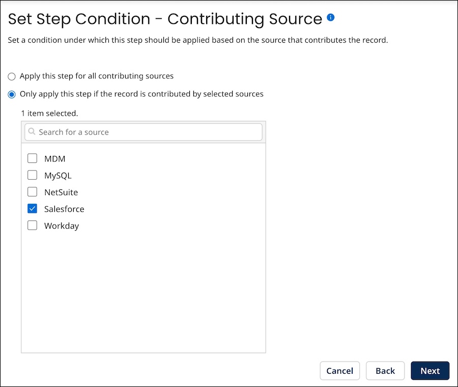Set Step Condition - Contributing Source screen of the Data Quality Step wizard