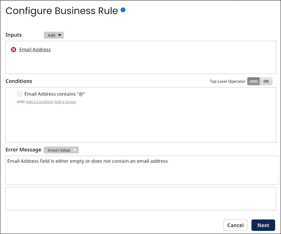 Configure Business Rule screen of the Data Quality Step wizard