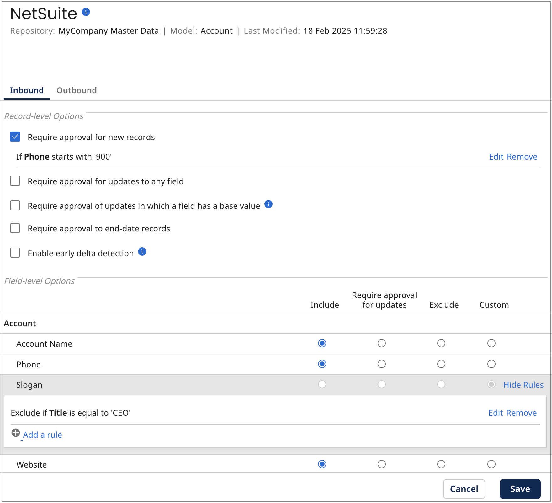In this example of the configuration dialog for a source in a model, the Inbound tab is selected.