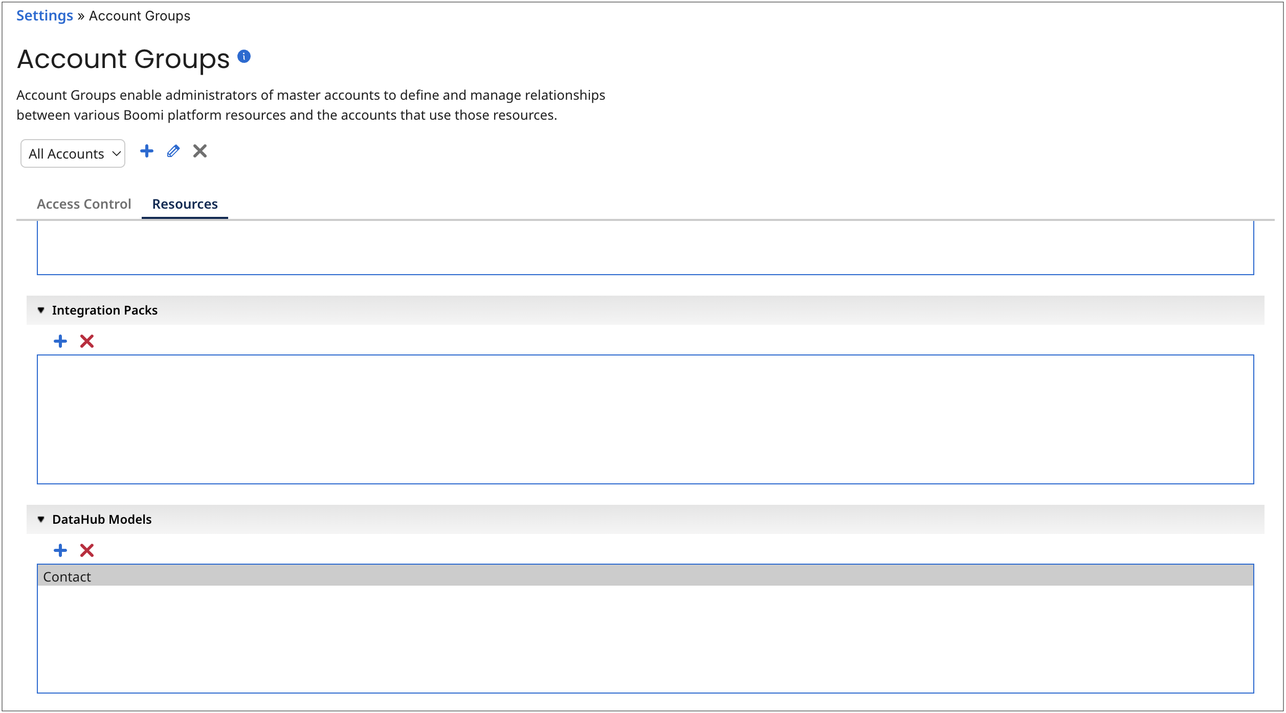 Mater Data Hub Models section showing the add and delete button for models.