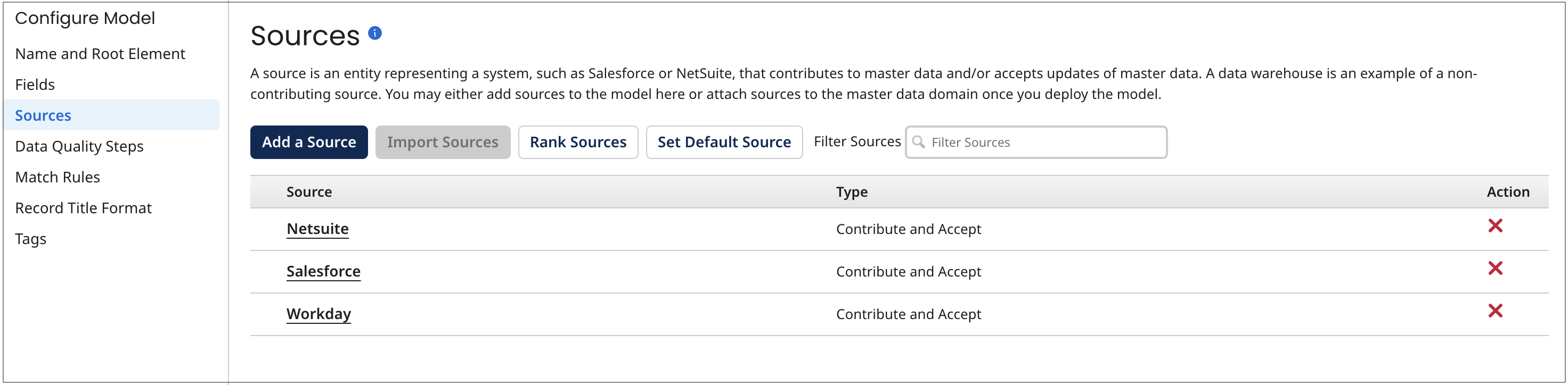 This example of the Sources tab for a model shows that the model contains the sources NetSuite, Salesforce, and Workday.