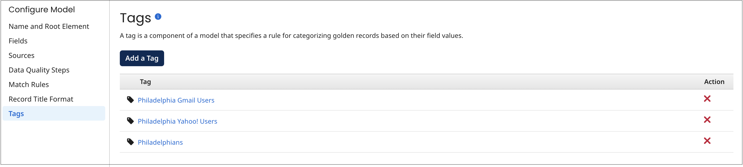 This example of the Tags tab in the model page shows three tags.