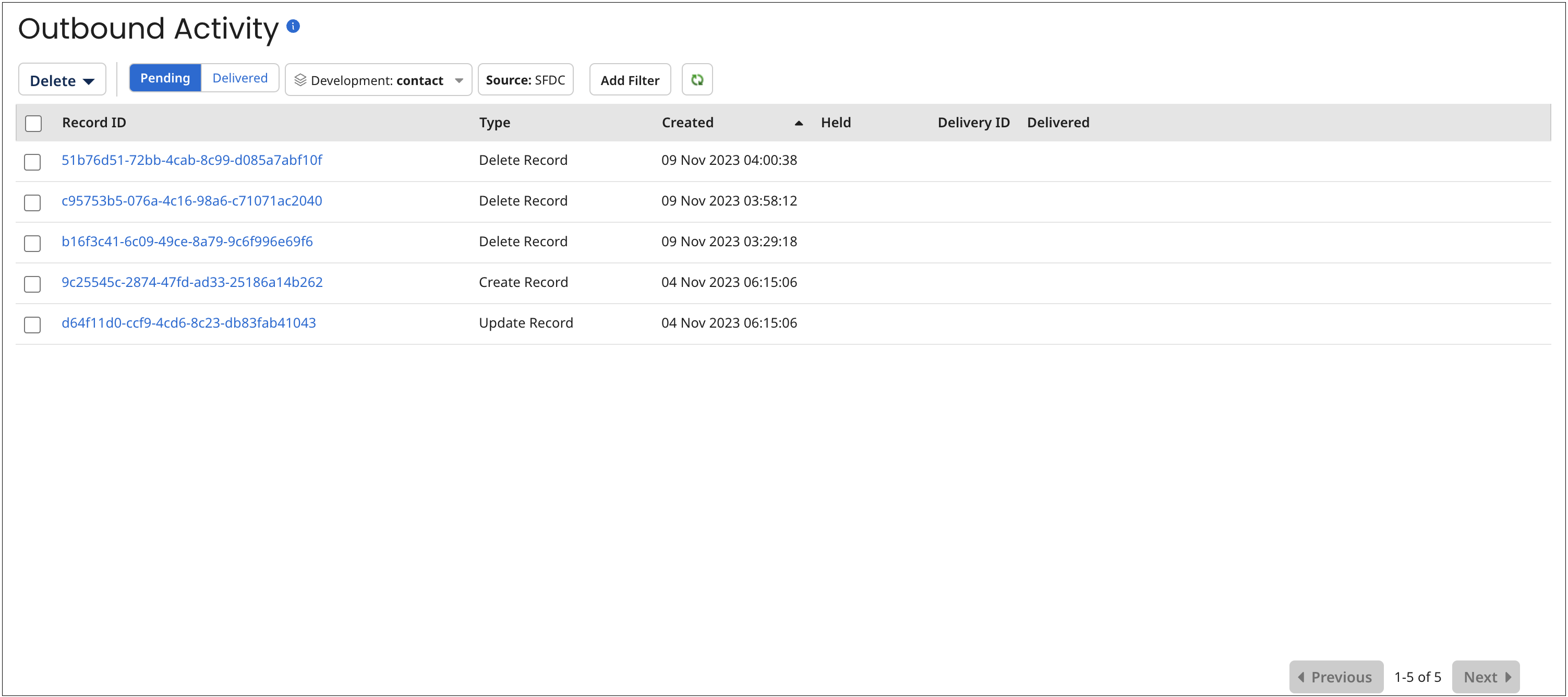 Outbound Activity page example