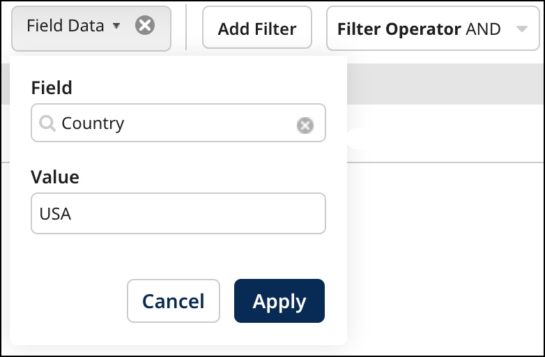 Dialog used to filter the quarantine entries list by entity field value.