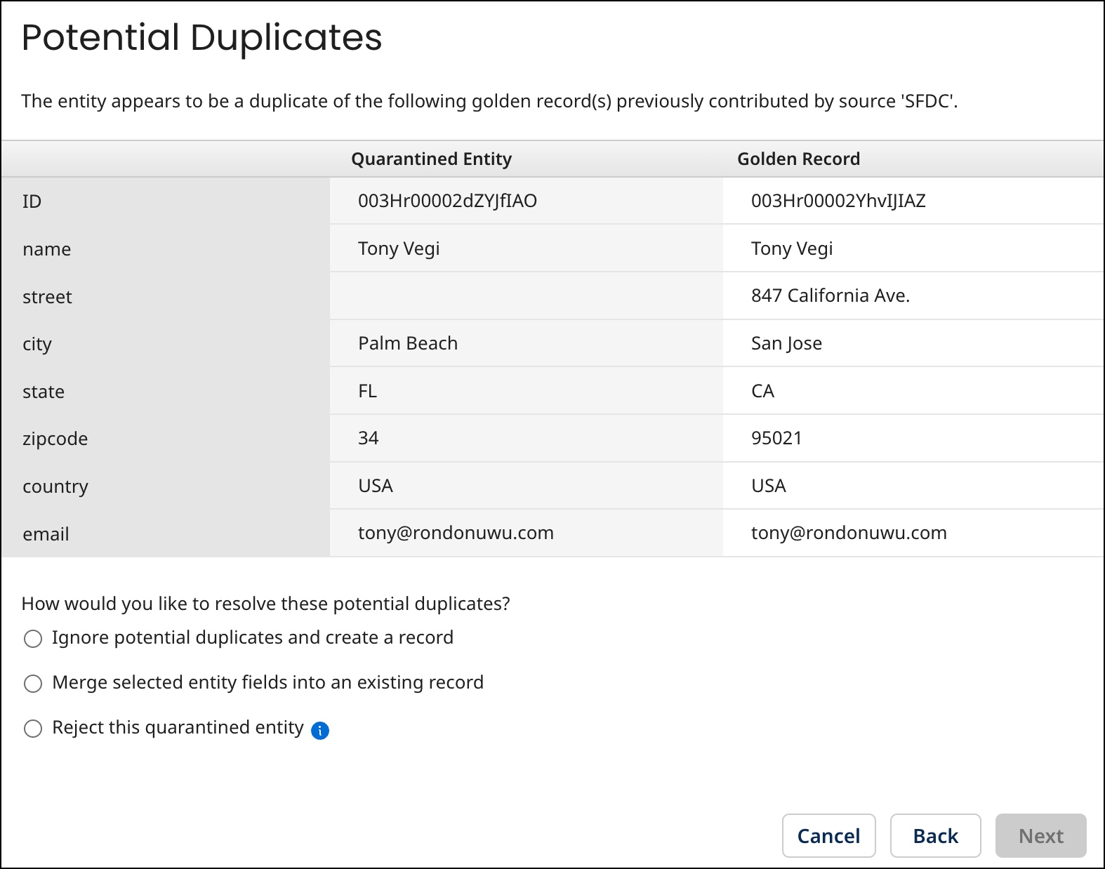 Potential Duplicate screen of the Resolve Matching Issues wizard