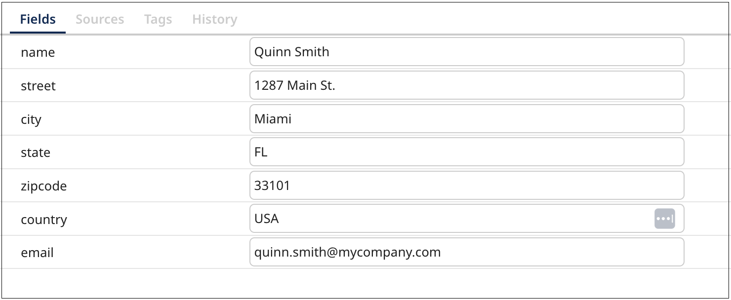 Fields tab in the golden record details view upon transformation into a dialog