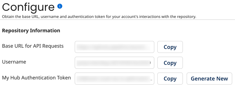 Configure tab with Base URL, username, and Hub authentication token