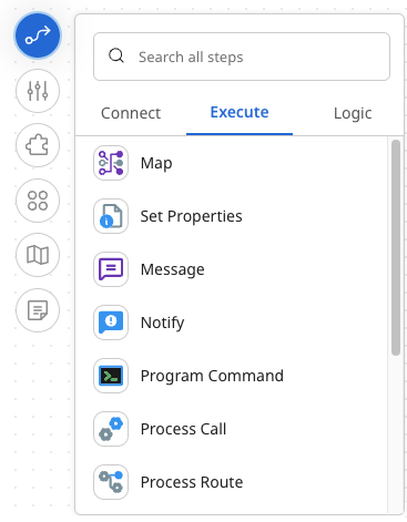 The steps palette open on the process canvas