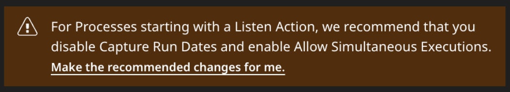 Warning for processes starting with a Listen Action