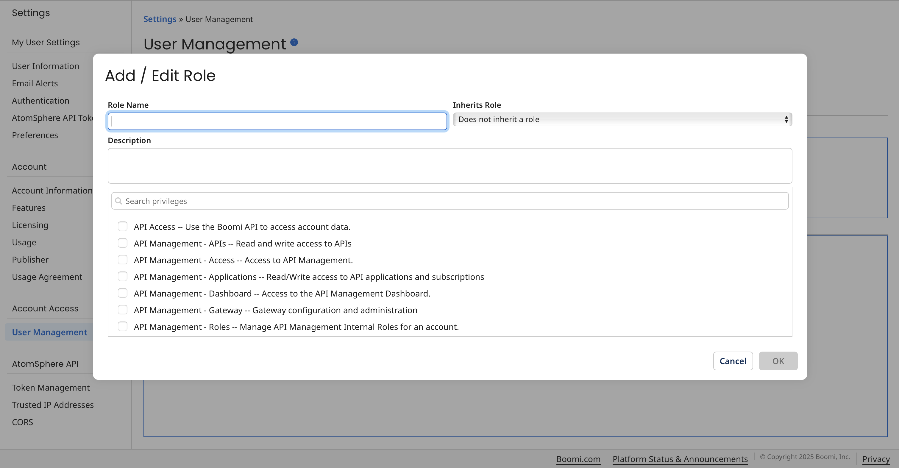 Add/Edit Role dialog where you assign privileges to roles.