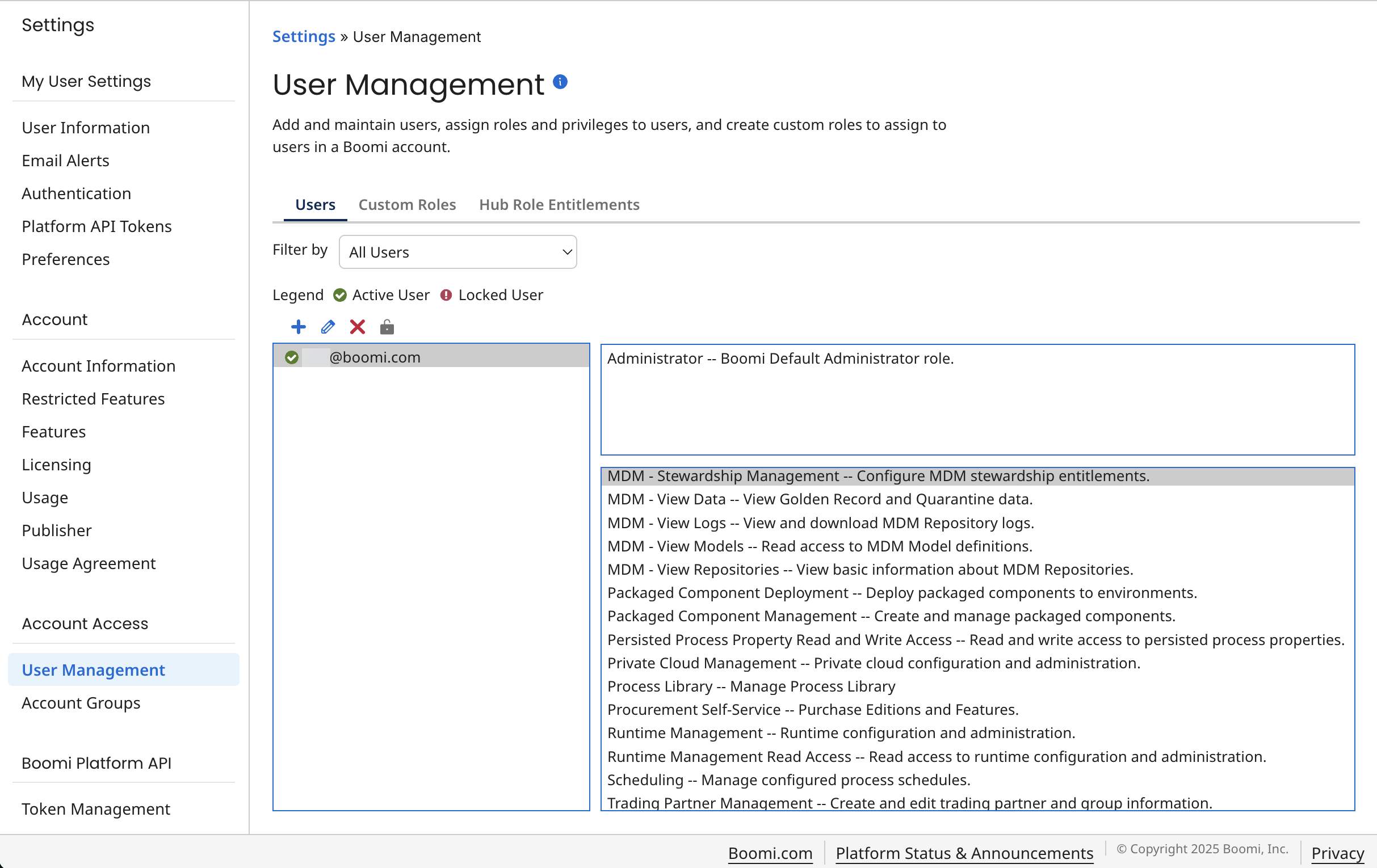 Setting page’s User management tab