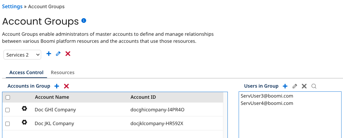 Account Group Service 2 adds ServUser 3 and 4 as standard users